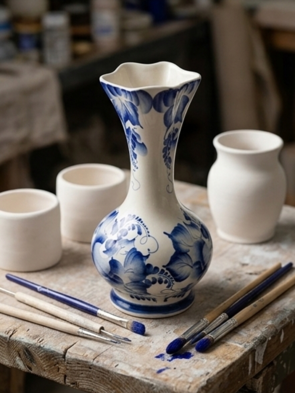 Handmade Gzhel Blue and White Floral Ceramic Vase